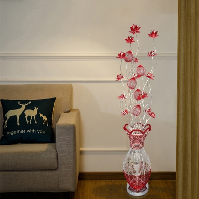 Art Deco Lotus and Vase Standing Floor Light Aluminum Wire LED Floor Lamp in Red