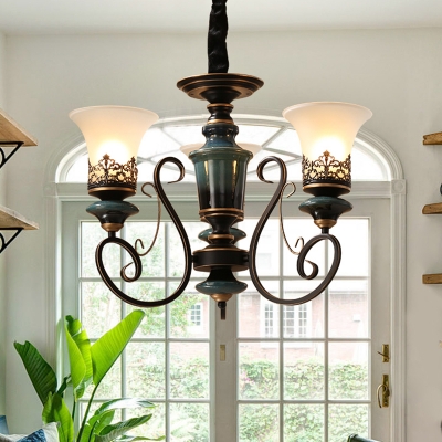Bell Shade Dining Room Chandelier Lamp Vintage Frosted Glass 3/5/6-Bulb Black and Gold Pendant Light