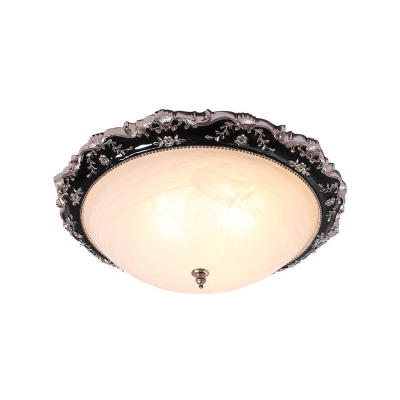 Black and Gold 1/2-Head Flush Light Traditional Opal White Glass Bowl Flush Mount Fixture, 14