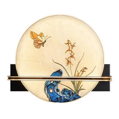Blue Glass Hand-Paint Butterfly Sconce Asian Integrated LED Circle Wall Mural Light for Tearoom