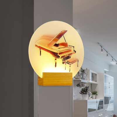 Brown Piano Mural Lighting Retro Acrylic LED Wall Mounted Light Fixture with Wood Arm