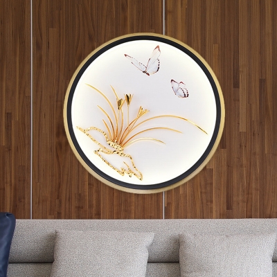 Butterfly and Orchid Grass Mural Light Decorative Metal Living Room LED Wall Lighting in Gold with Round/Rectangle Frame