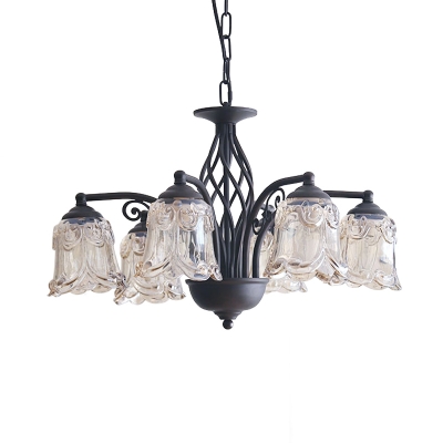 Clear Glass Floral Shade Down Lighting Retro Style 6/8 Bulbs Living Room Chandelier in Black