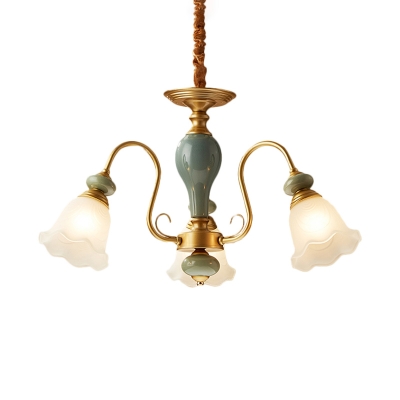 Country Style Floral Down Lighting 3/5/6 Heads Opal Frosted Glass Hanging Chandelier with Green Ceramics Detail in Brass