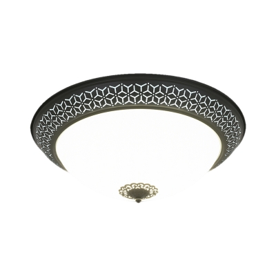 Countryside Domed Flush Lighting Opaline Glass LED Flush Mounted Light Fixture with Flower Finial in Black