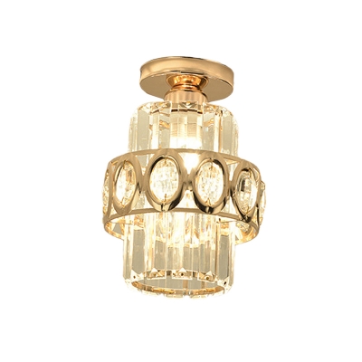 Crystal Block Cylinder Semi Flush Lamp Simple 1-Light Flush Mount Lighting in Gold