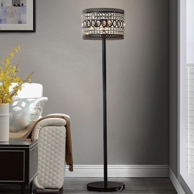 Crystal Embedded Drum Floor Light Modern Style 1 Head Sitting Room Stand Up Lamp in Black