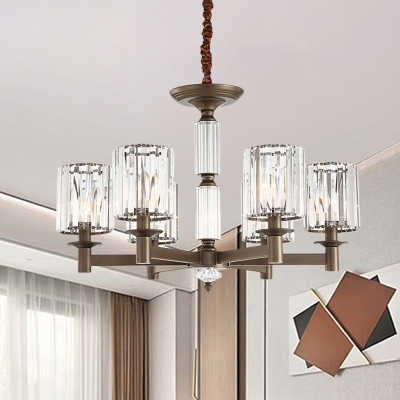 Crystal Prism Cylinder Suspension Lamp Traditional 6-Light Bedroom Chandelier in Brass