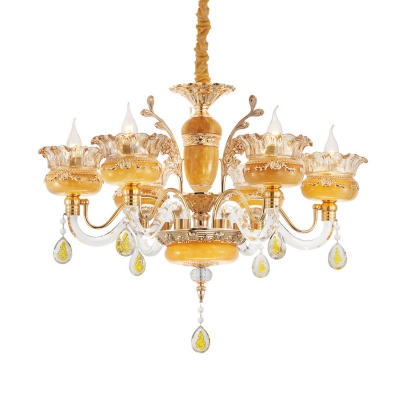 Crystal Yellow Hanging Pendant Light Candle Style 6 Lights Traditional Ceiling Chandelier