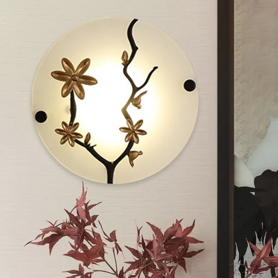 Disc Frosted White Glass Mural Light Asian Gold LED Wall Lighting Ideas with Flower and Branch Decor