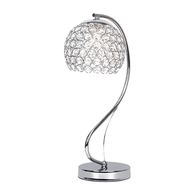 Domed Shade Crystal-Encrusted Table Lamp Modernism Single Bulb Chrome Nightstand Light