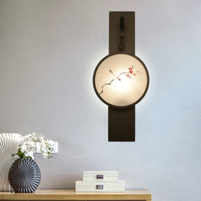 Flower/Bird Painting Tearoom Mural Lamp Fabric Chinese Style LED Wall Mount Lighting in Black