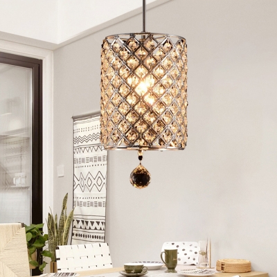 Grid Crystal-Encrusted Pendant Light with Cylinder Design Modernist 1-Light Silver Hanging Ceiling Lamp