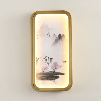 House/Lotus Painting Fabric Mural Light Chinese Gold LED Wall Sconce Lighting for Decoration