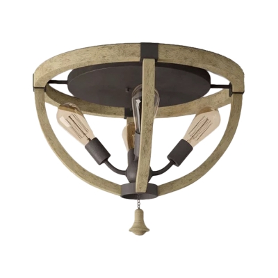 Khaki Bowl Frame Flushmount Light Farmhouse Wood 4 Bulbs Drawing Room Semi Flush Mounted Lamp