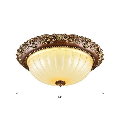 LED Domed Flushmount Lighting Country Style Brown Finish Ribbed Glass Flush Mount Lamp Fixture, 14