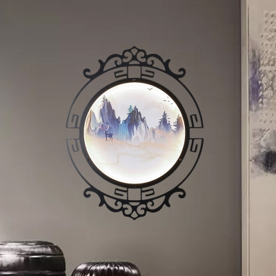 Metal Circle Wall Light Sconce Chinese Style Black LED Wall Mural Lighting with Elk-in-Mountains Pattern