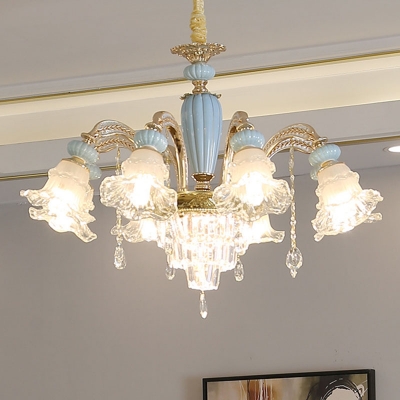 Mid Century Floral Hanging Lighting 6-Bulb Clear Crystal Glass Chandelier Lamp Fixture with Blue Ceramics Deco