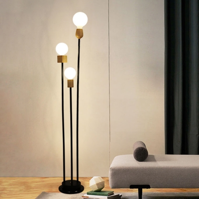 Modern Linear Stand Floor Light Metallic 3-Light Living Room Floor Lamp in Black and Wood
