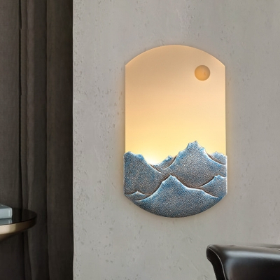 Mountain Tea Room Wall Mural Lighting with Oval Design Acrylic LED Asian Wall Sconce Lamp Fixture in Silver/Brown