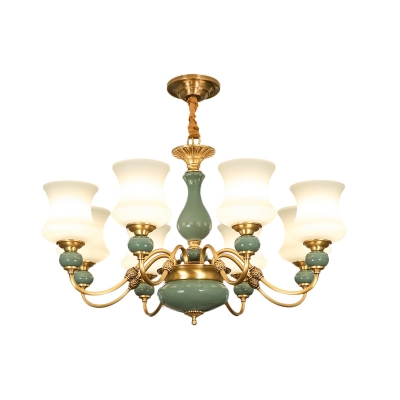 Opal Frosted Glass Urn Shade Pendant Traditional 6/8-Bulb Living Room Ceramics Chandelier Light in Gold