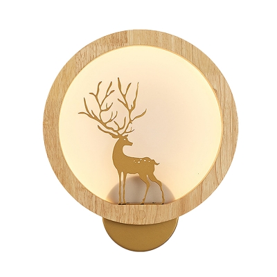 Sika Deer Bedside Mural Lamp Wooden Nordic Style LED Wall Mount Light with Beige/Black Circle