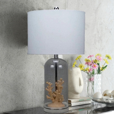 Single-Bulb Night Lamp Country Cloche Clear Glass Table Light with Coral Decor and Cylinder Fabric Shade in White