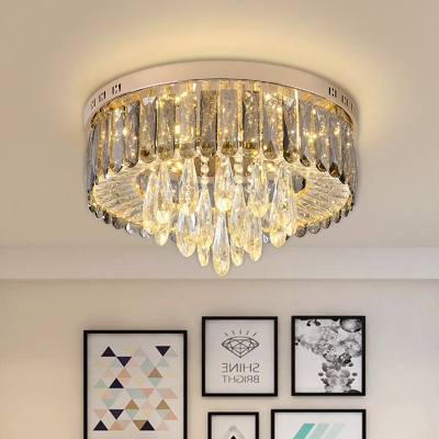 Smoke Grey Crystal Drum Flush Mount Modernist LED Bedroom Ceiling Flush Light with Droplets