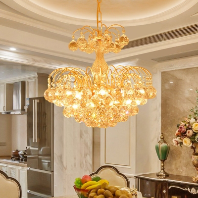Tiered Dining Table Suspension Light Contemporary Crystal Orbs 6 Bulbs Gold Chandelier