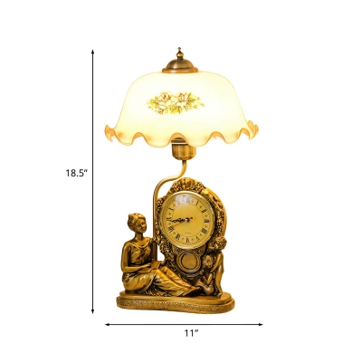 Traditional Ruffle Bowl Table Lamp Single Bulb Frosted Glass Nightstand Light with Clock in Brass
