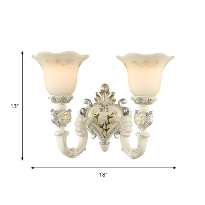 1/2-Head Milk Glass Wall Light Traditional White Finish Flower Shade Living Room Wall Sconce
