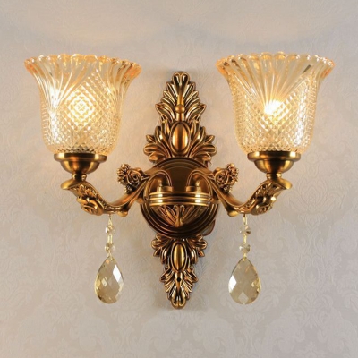 1/2-Light Flower Up Wall Light Fixture Traditional Brass Finish Clear Latticed Glass Wall Mounted Lamp