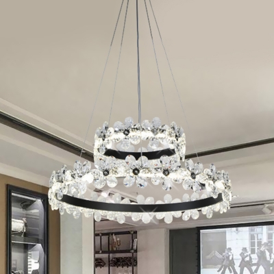 1/2-Tier Ring Ceiling Suspension Lamp Temporarily Flower Crystal LED Black Pendant Chandelier