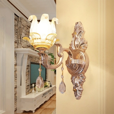 1-Bulb Frosted Glass Wall Light Kit Antique Gold Floral Bedside Wall Sconce Lighting