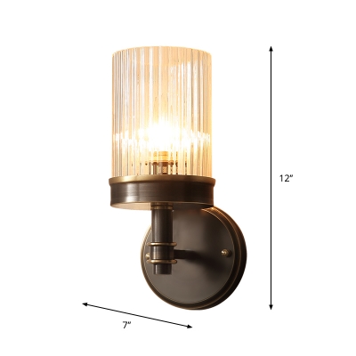 1 Head Clear Ribbed Glass Wall Light Traditional Black Cylinder Bedroom Wall Mount Lamp Fixture