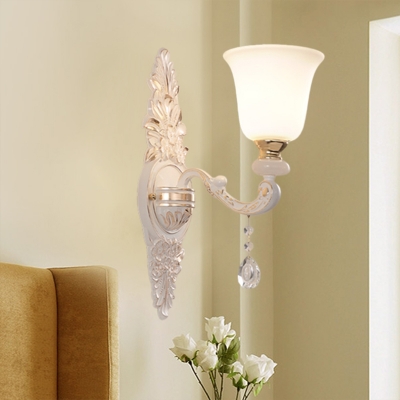 1-Light Sconce Light Fixture Minimalist Family Room Wall Lamp with Bell Opal Frosted Glass Shade in White