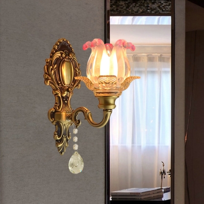 1-Light Wall Mounted Light with Flower Shade Clear and Pink Glass Traditional Corner Wall Lamp in Brass