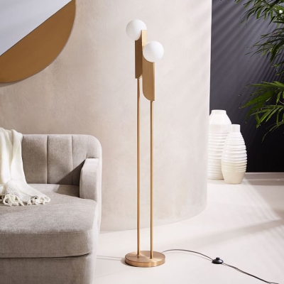 2-Bulb Bedside LED Floor Standing Light Postmodern Gold Finish Tree Floor Lamp with Orb Cream Glass Shade