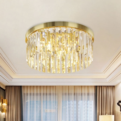 2-Layer Drum Living Room Flushmount Modern Prismatic Crystal 6 Lights Brass Ceiling Lamp