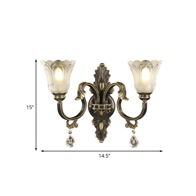 2-Light Wall Mount Fixture Vintage Living Room Sconce Lamp with Floral Carved Glass Shade, Black and Gold