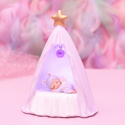 Kids Cone Tent Resin Night Lamp Mini LED Table Light with Sleeping Angel in Pink/Purple