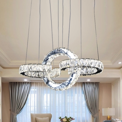 3-Ring Clear Crystal Hanging Lamp Kit Modern LED Black Ceiling Chandelier for Dining Room