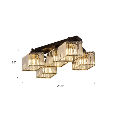 4/5-Light Living Room Flush Light Modernist Black Finish Semi Flush Ceiling Lamp with Rhombus Crystal Rectangle Shade