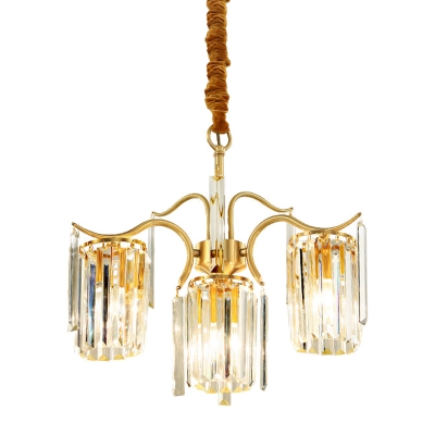 4-Bulb Pendant Lighting Traditional Cylinder Shade Crystal Block Chandelier Lamp Fixture in Brass