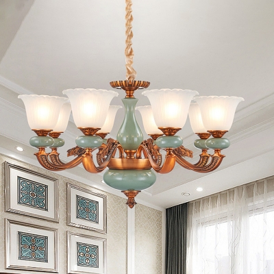6/8 Heads Chandelier Light Fixture with Flower Shade Milky Glass Traditional Dining Room Ceramics Pendant in Brown