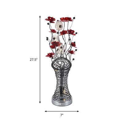 Aluminum Wire Floret and Vase Table Lamp Art Deco Living Room LED Nightstand Light in Red and Black, White/Warm Light
