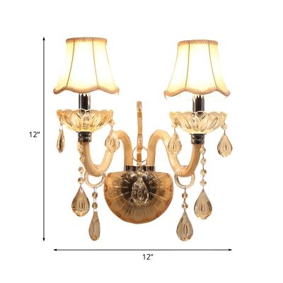 Amber Crystal Candelabra Wall Mount Lighting Traditional 1/2-Bulb Chrome Wall Lamp with Scalloped Fabric Shade