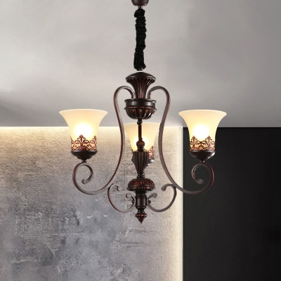 Antiqued Bell Shade Up Suspension Light 3/6-Bulb Frosted Glass Ceiling Chandelier in Red Brown