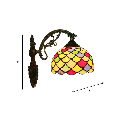 Antiqued Brass Single Sconce Lamp Tiffany Stained Glass Squama Wall Mounted Lamp