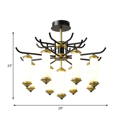 Antiqued Tubular LED Ceiling Light Fixture 9/11-Head Frosted White Glass Radial Pendant Chandelier in Black and Gold